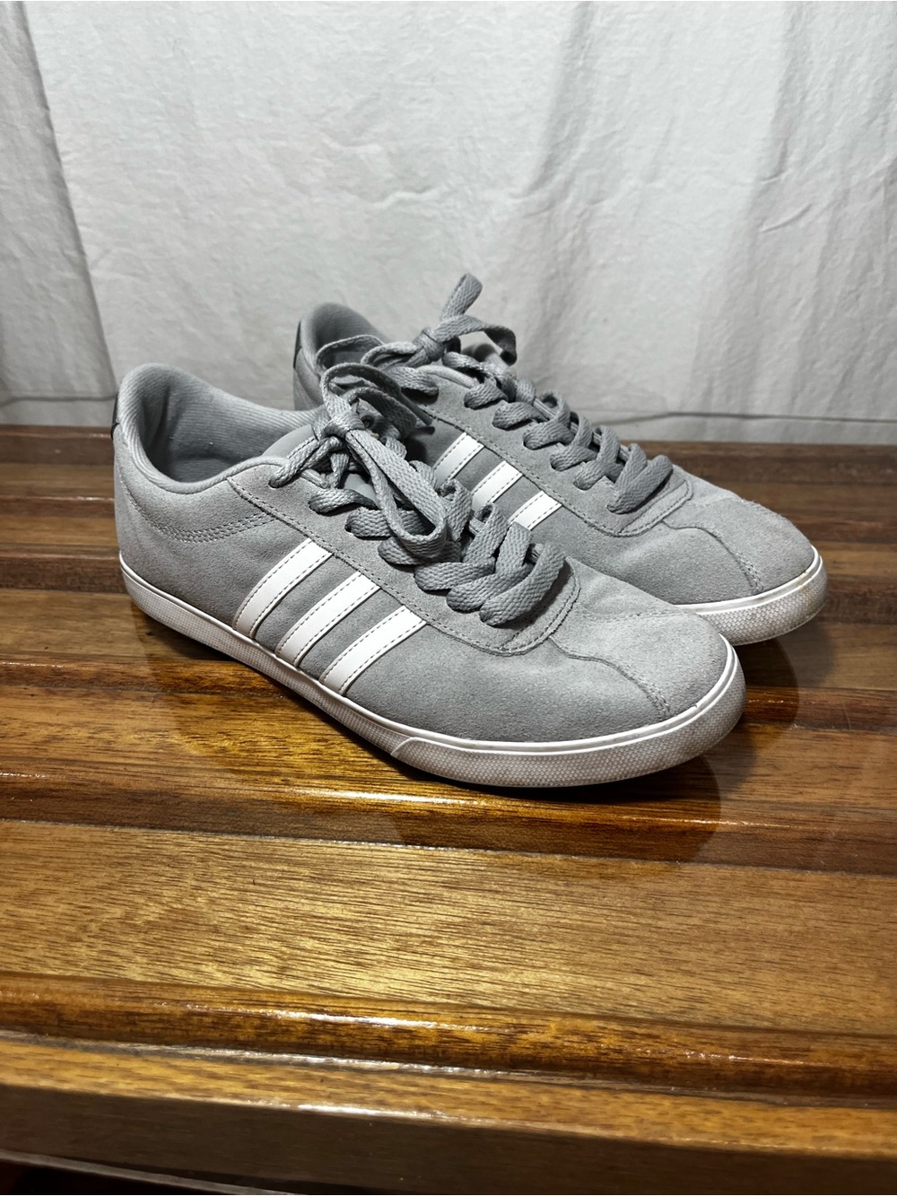 adidas Gray Suede Low-Top Sneakers with White Stripes womens 8.5